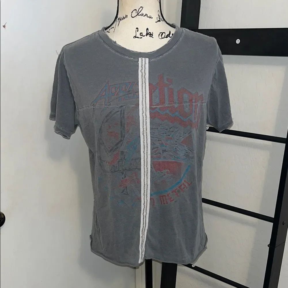 Affliction Charcoal Gray Intentional Distressed Graphic Beaded Pullover T-Shirt